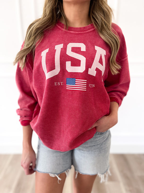 Amanda USA Washed Thermal Crew Neck in Cranberry