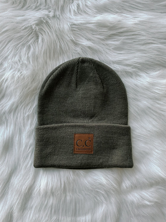 Jessie Leather Patch Beanie in Olive
