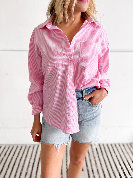 Jolene Button Down Boyfriend Shirt in Pink