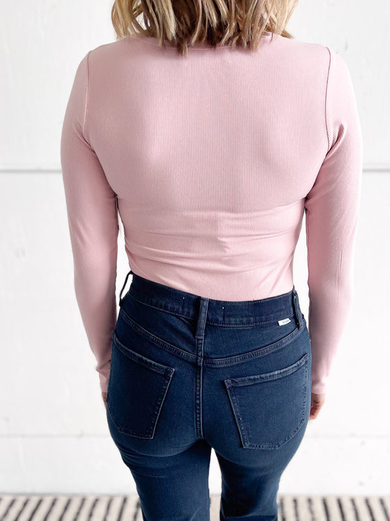 Emory Ribbed Long Sleeve Bodysuit in Pink