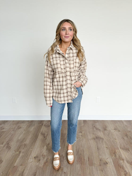 Naya Corduroy Plaid Shacket in Taupe