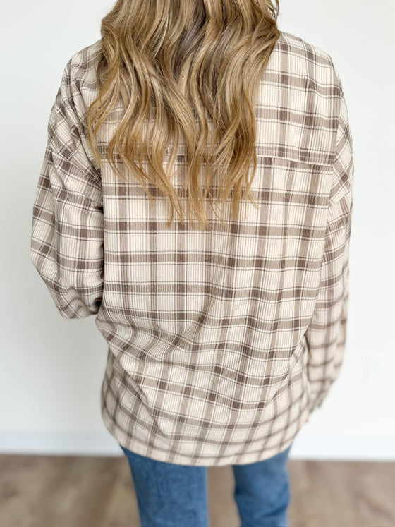 Naya Corduroy Plaid Shacket in Taupe