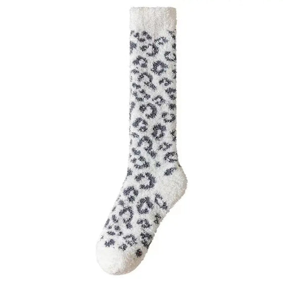 Ivory + Grey Leopard Fuzzy Slipper Socks