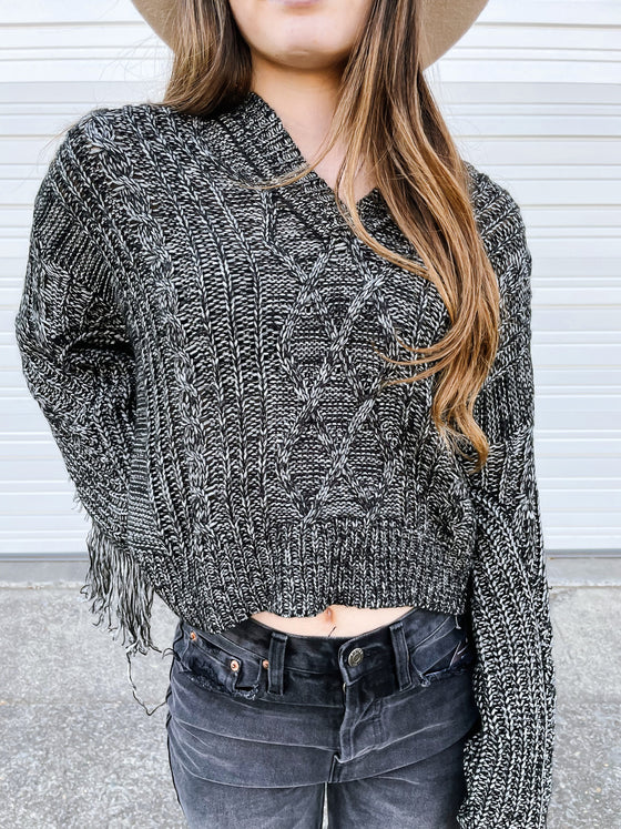Ember Knit Fringe Sleeve Sweater in Charcoal Natural