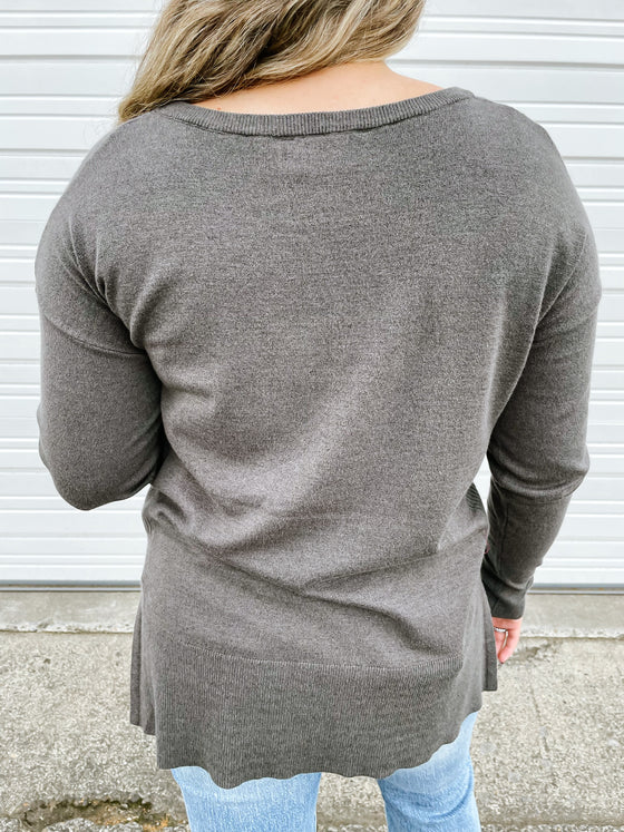 Diamond Side Slit Sweater Top in Charcoal