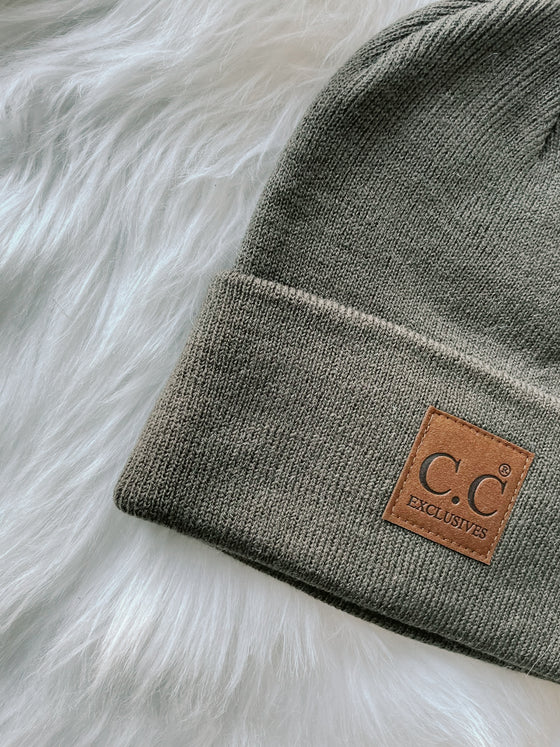 Jessie Leather Patch Beanie in Olive