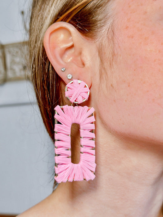 Katherine Rectangle Rafia Earrings in Pink